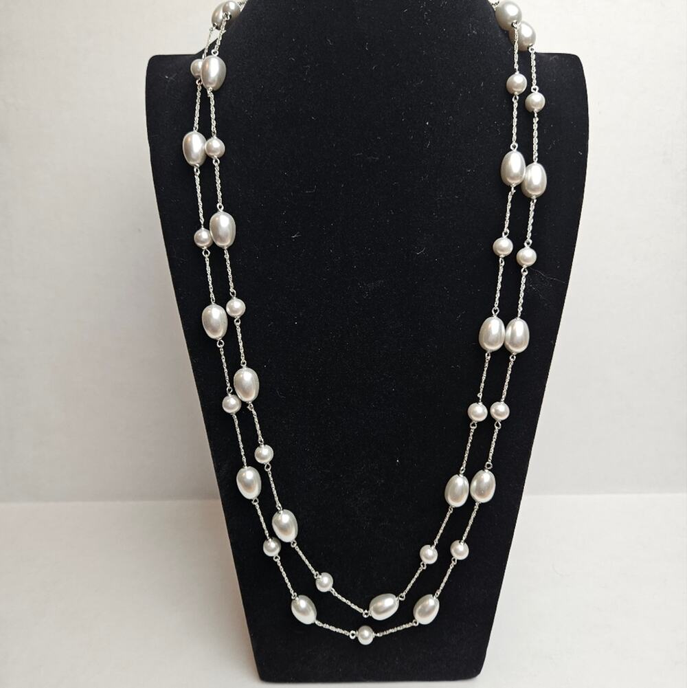 Monet Womens Silver-tone Grey Faux Pearl Necklace Long Double Classic